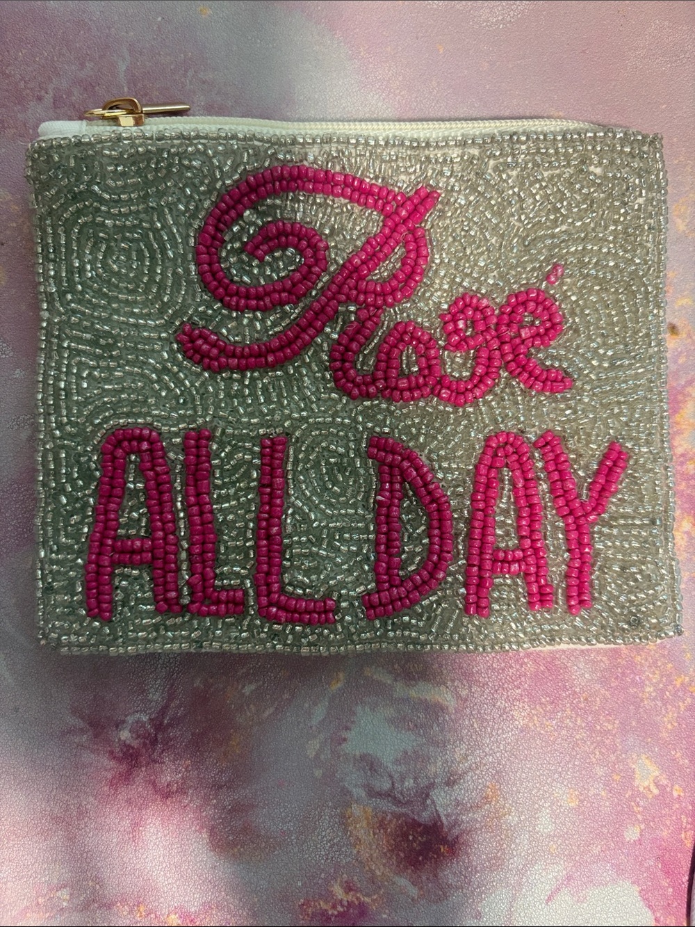 Beaded 'Relax All Day' Pink and Silver Pouch